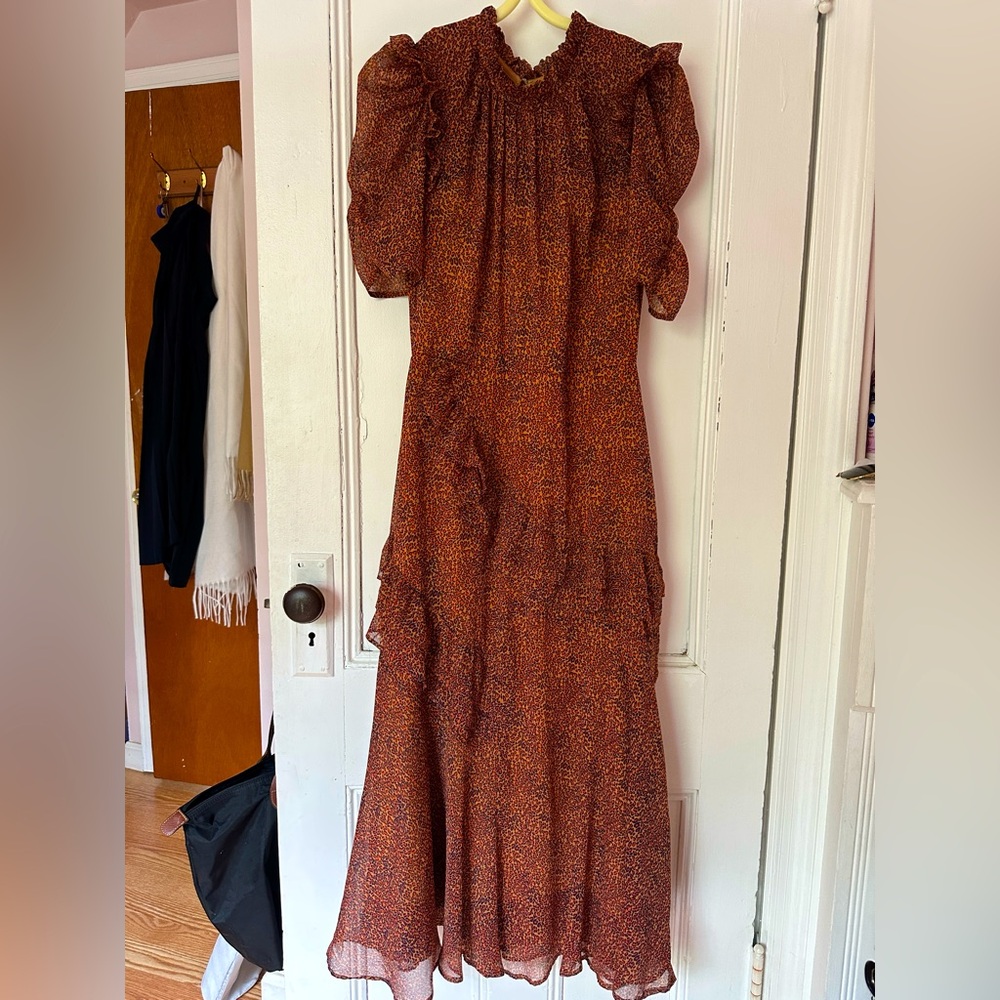 Ruffle Dress In Orange Navy leopard Print - Picture 2 of 5